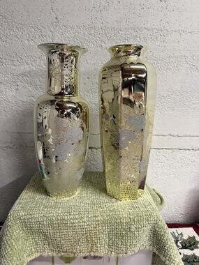 Vintage Japanese Gold Silver Peacock Etched Ceramic Vases Pair Interpur 11 Inch